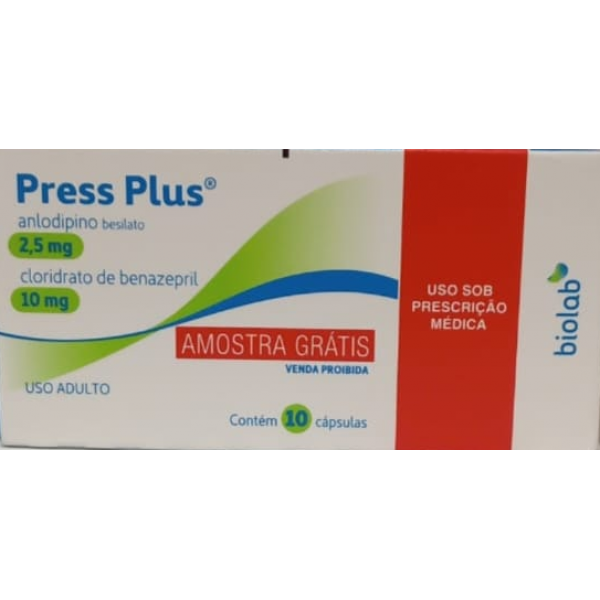PRESS PLUS - BESILATO DE ANLODIPINO 2,5MG +10MG CLORIDRATO BENAZEPRIL - 10 CÁPSULAS